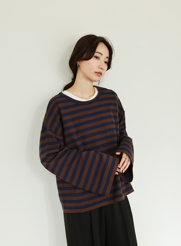 【Et】Flare Sleeve Assorted Border Knit