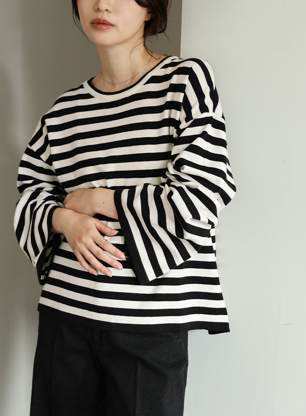 【Et】Flare Sleeve Assorted Border Knit