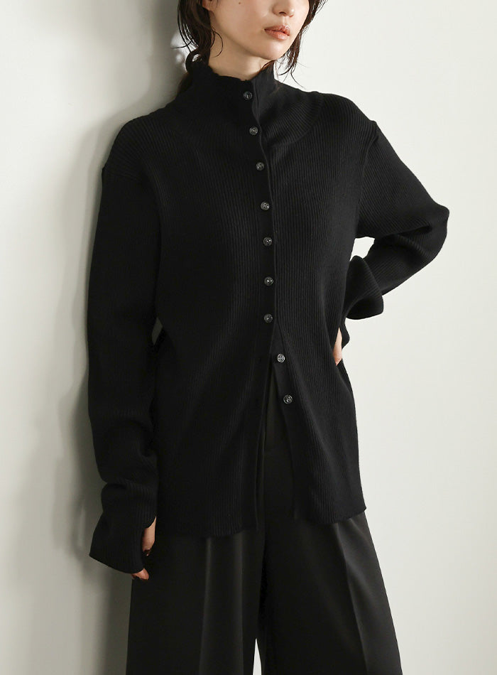 【Et】Button Design High-Neck Rib Knit Cardigan
