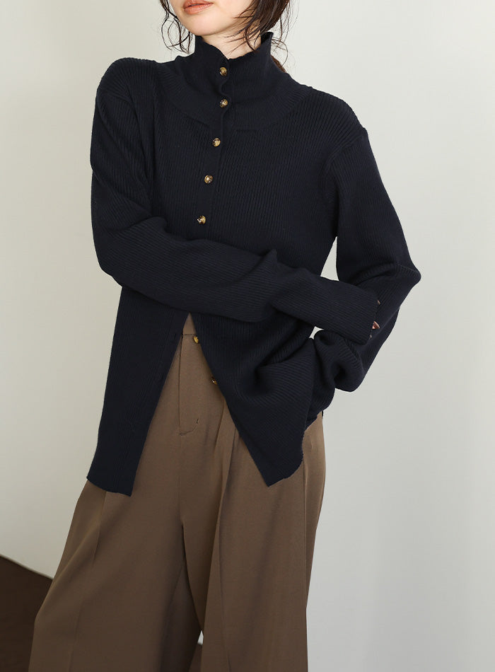 【Et】Button Design High-Neck Rib Knit Cardigan