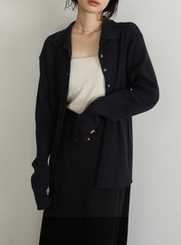 【Et】Button Design High-Neck Rib Knit Cardigan