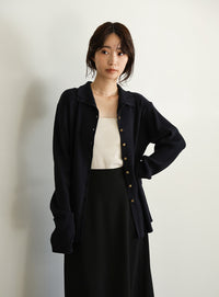 【Et】Button Design High-Neck Rib Knit Cardigan