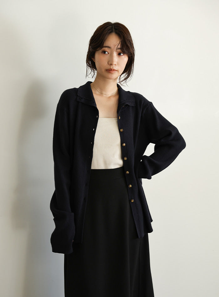 【Et】Button Design High-Neck Rib Knit Cardigan