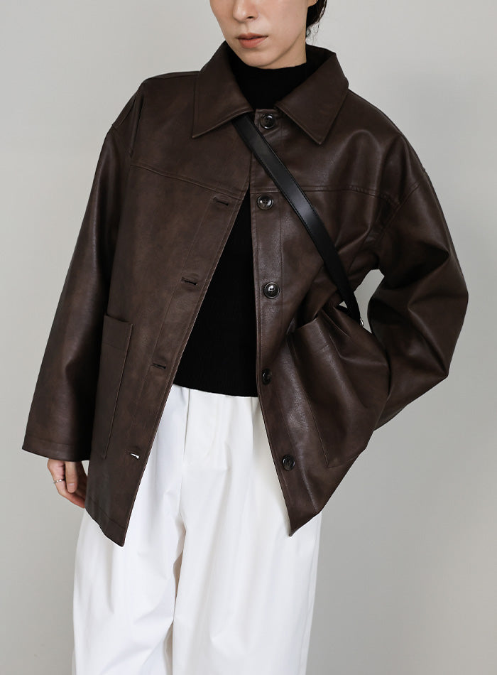 ステンカラーフェイクレザージャケット【by SON】 – SELECT MOCA