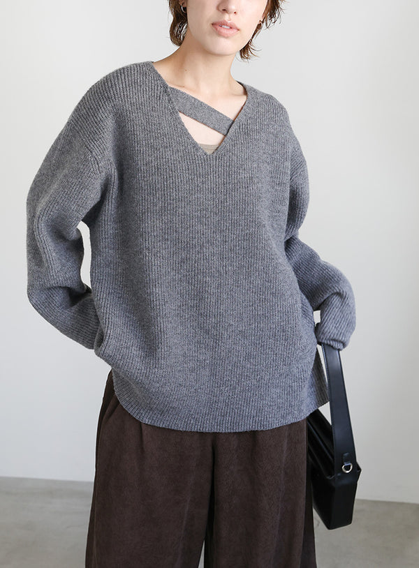 アシンメトリーVネックニットトップス