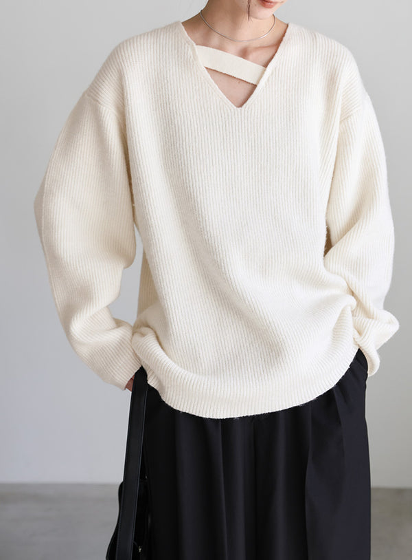 アシンメトリーVネックニットトップス