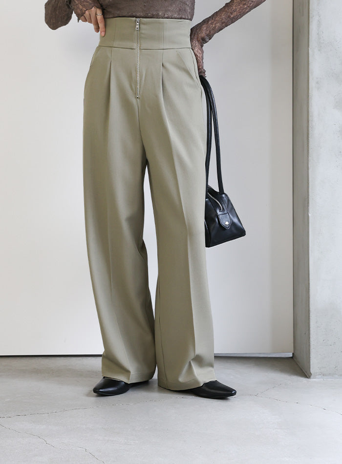 フロントファスナーハイウエストタックパンツ