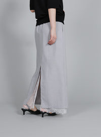 【Et】Lace-Layered Back Slit Skirt