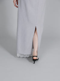 【Et】Lace-Layered Back Slit Skirt