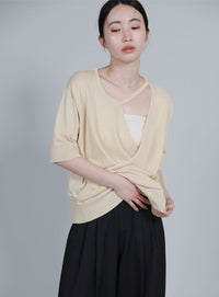 【Et】Wrap-Style Half-Sleeve Light Knit