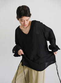 オープンスリーブデザインシフォンブラウス