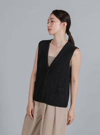 【Et】Linen-touch V-neck vest