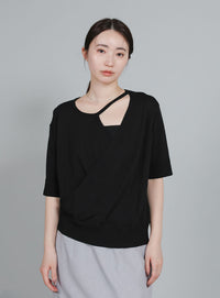 【Et】Wrap-Style Half-Sleeve Light Knit
