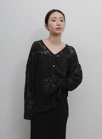 【Et】Sheer Jacqard V-Neck Blouse