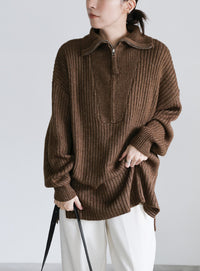 オーバーサイズリブ編みハーフジップニット