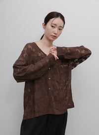 【Et】Sheer Jacqard V-Neck Blouse