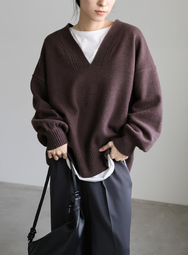 Vネックボリュームスリーブオーバーニット