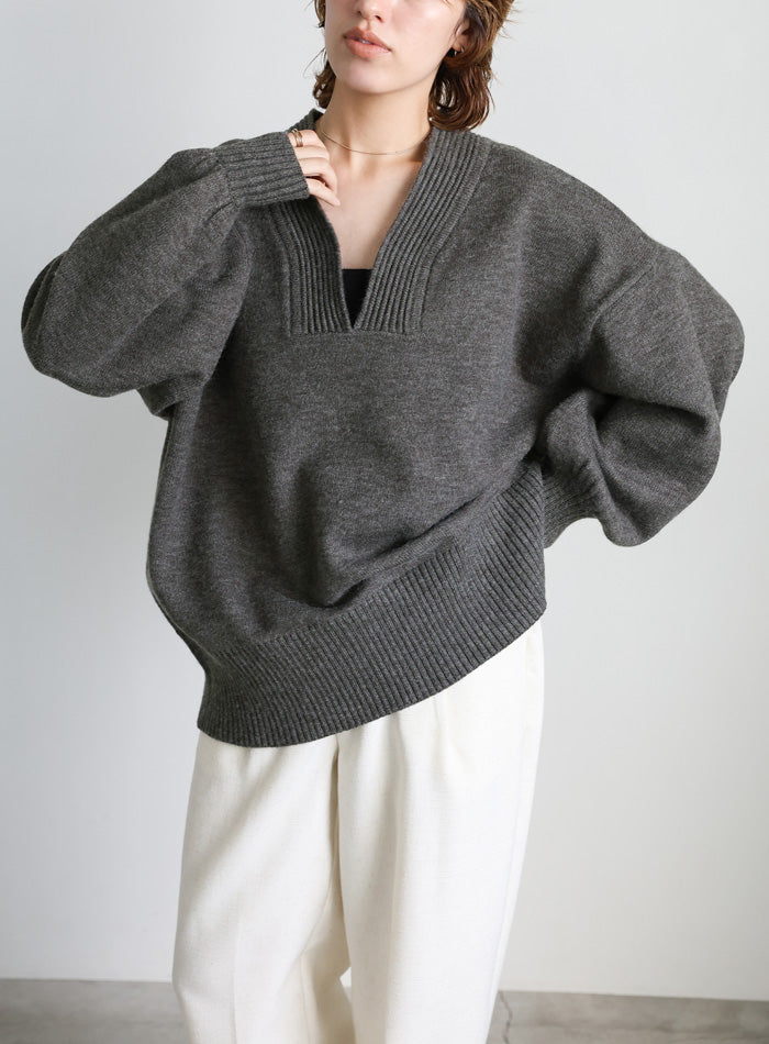Vネックボリュームスリーブオーバーニット