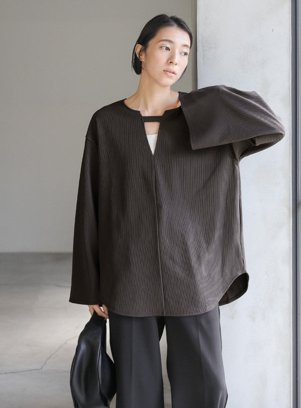 キーネックリップルワイドスリーブトップス【SALE】