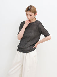 ストレッチ透かし編みデザインTシャツ