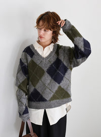 モヘアアーガイルVネックニット