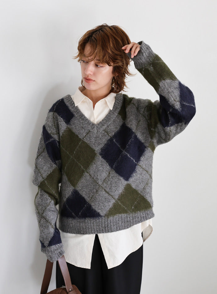モヘアアーガイルVネックニット