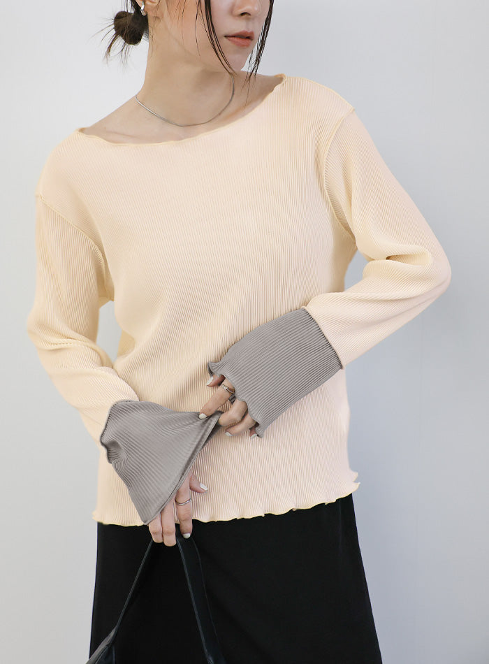 プリーツプリーズ　カットソー 長袖　クリーム バイカラースリーブプリーツトップス – SELECT MOCA