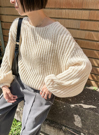 ボートネックボリュームスリーブショートニット【SALE】