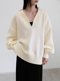 Vネックボリュームスリーブオーバーニット