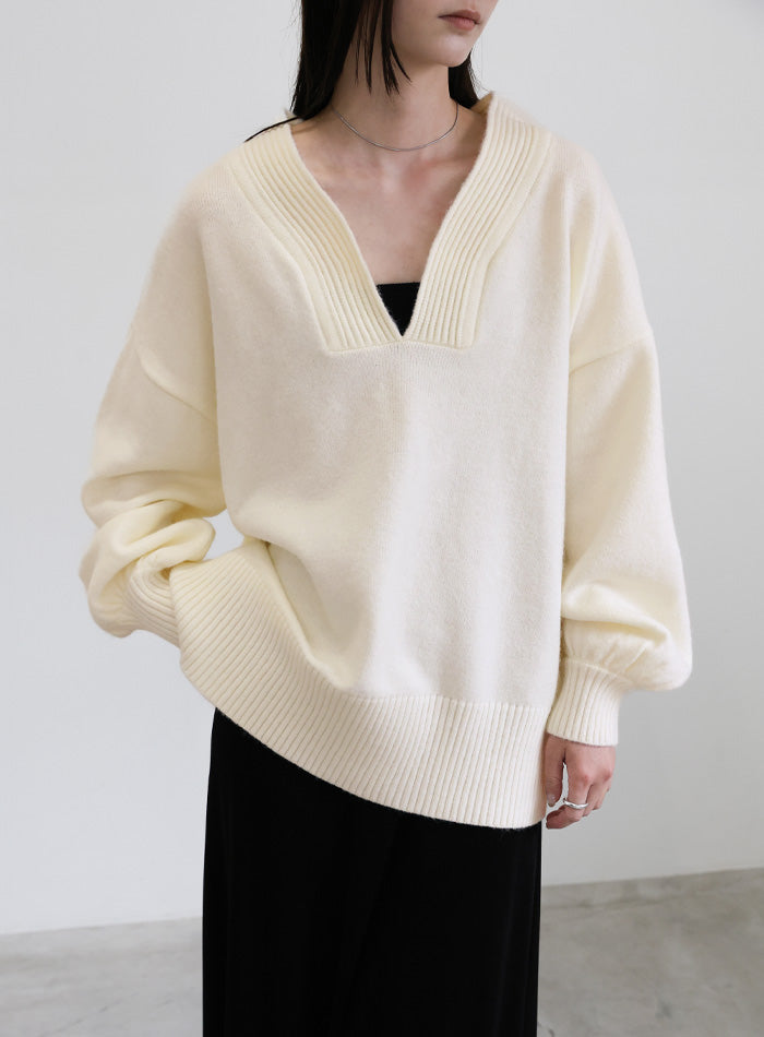 Vネックボリュームスリーブオーバーニット