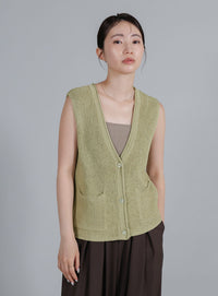 【Et】Linen-touch V-neck vest