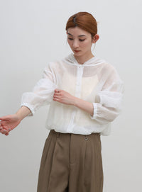 フード付き楊柳ドロストブラウス