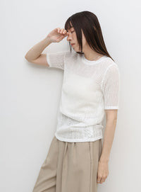 ストレッチ透かし編みデザインTシャツ