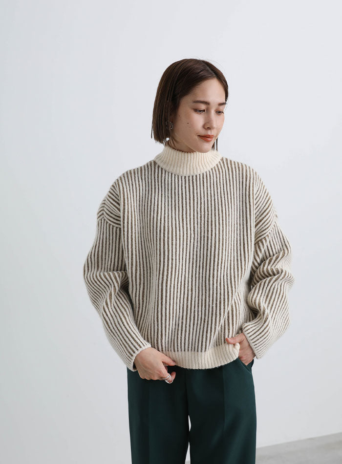 バイカラーリブ編みオーバーニット【SALE】