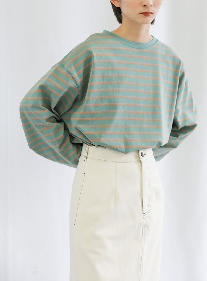 クルーネックマルチボーダーロングTシャツ【SALE】