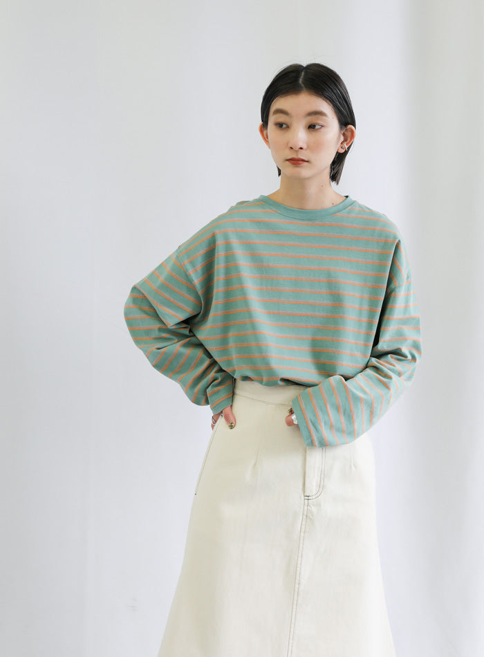 クルーネックマルチボーダーロングTシャツ【SALE】