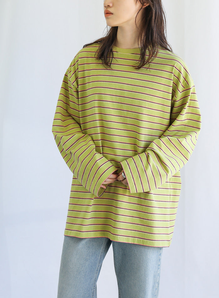 クルーネックマルチボーダーロングTシャツ【SALE】