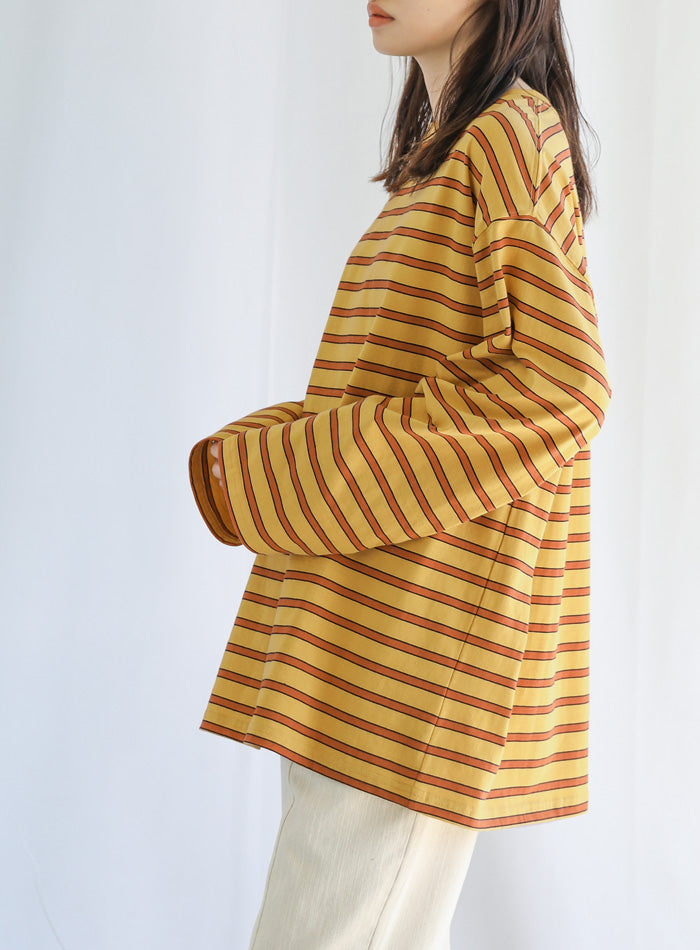 クルーネックマルチボーダーロングTシャツ【SALE】