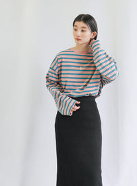 クルーネックマルチボーダーロングTシャツ【SALE】