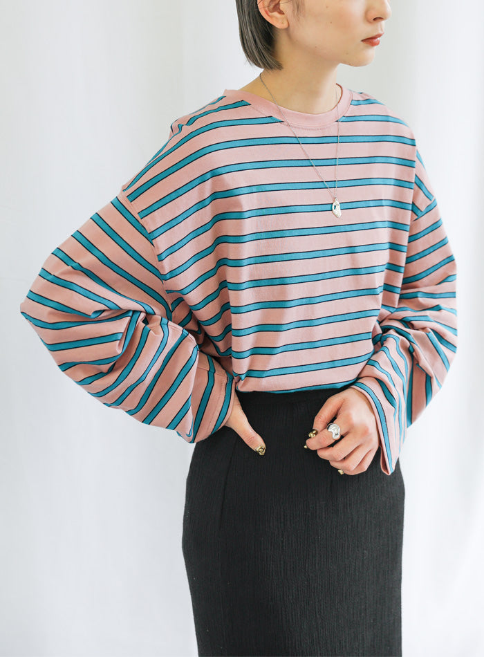 クルーネックマルチボーダーロングTシャツ【SALE】