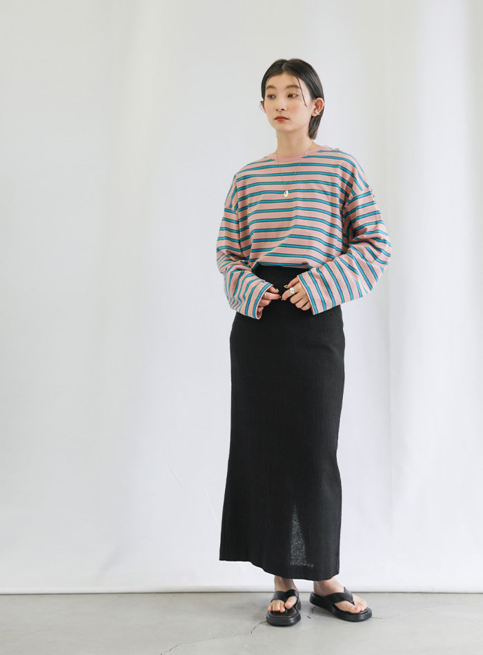 クルーネックマルチボーダーロングTシャツ【SALE】