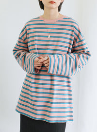 クルーネックマルチボーダーロングTシャツ【SALE】