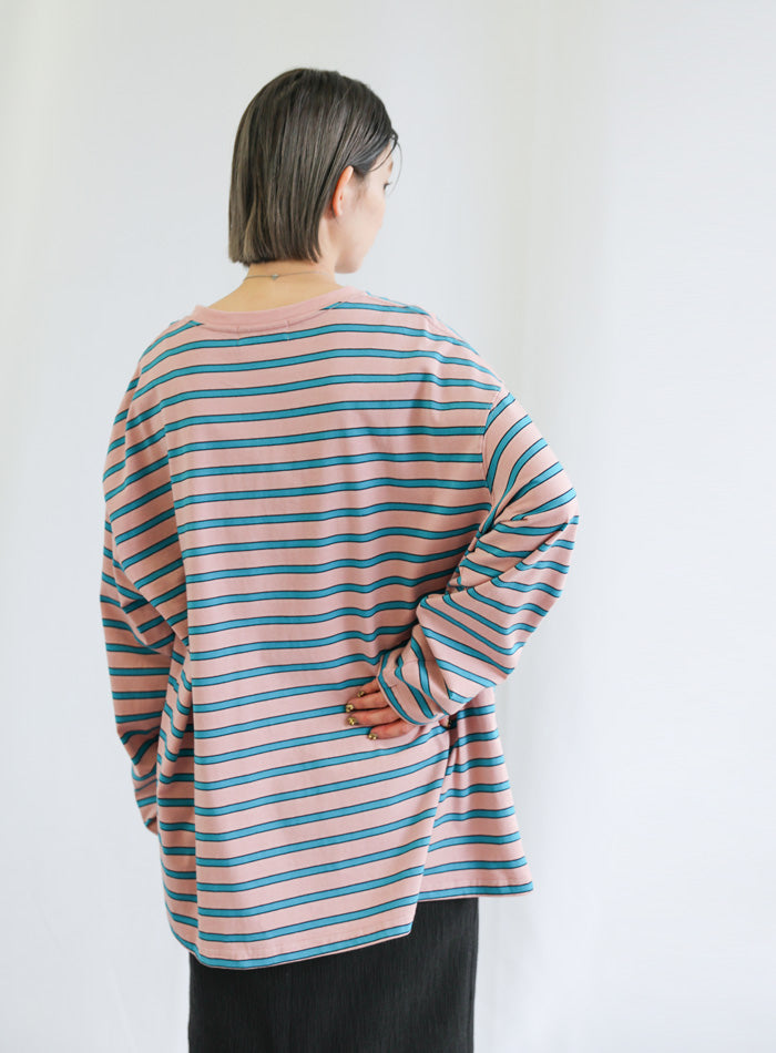 クルーネックマルチボーダーロングTシャツ【SALE】