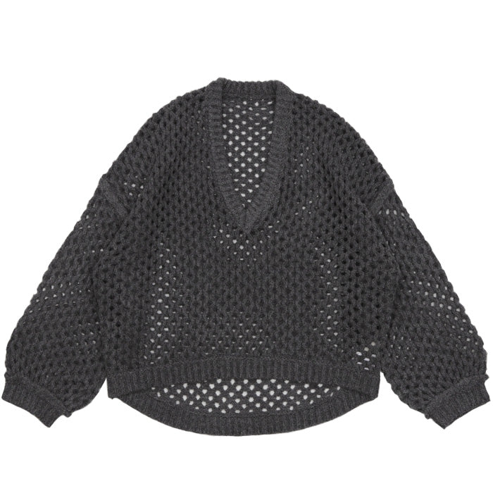 Vネック透かし編みショートニット