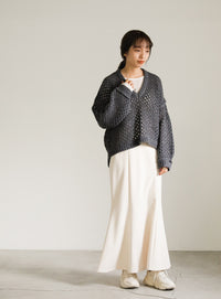 Vネック透かし編みショートニット