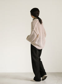 Vネック透かし編みショートニット