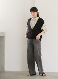 ワッフル編みVネックニットベスト【SALE】
