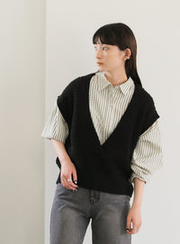 ワッフル編みVネックニットベスト【SALE】