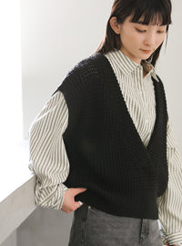 ワッフル編みVネックニットベスト【SALE】