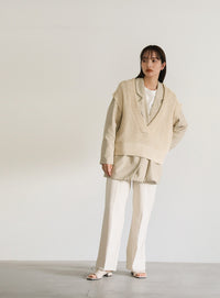 ワッフル編みVネックニットベスト【SALE】
